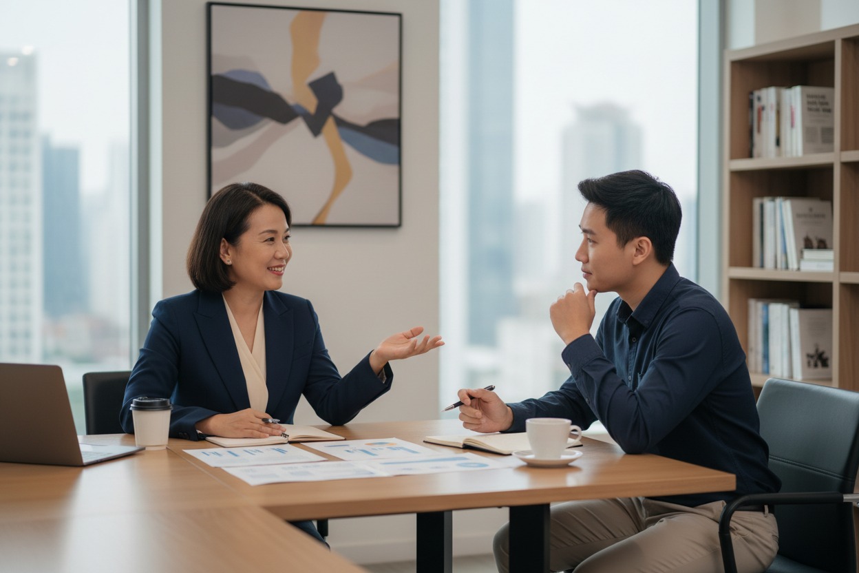 A businesswoman in a suit gestures while talking to a colleague across a conference table with laptops and papers.